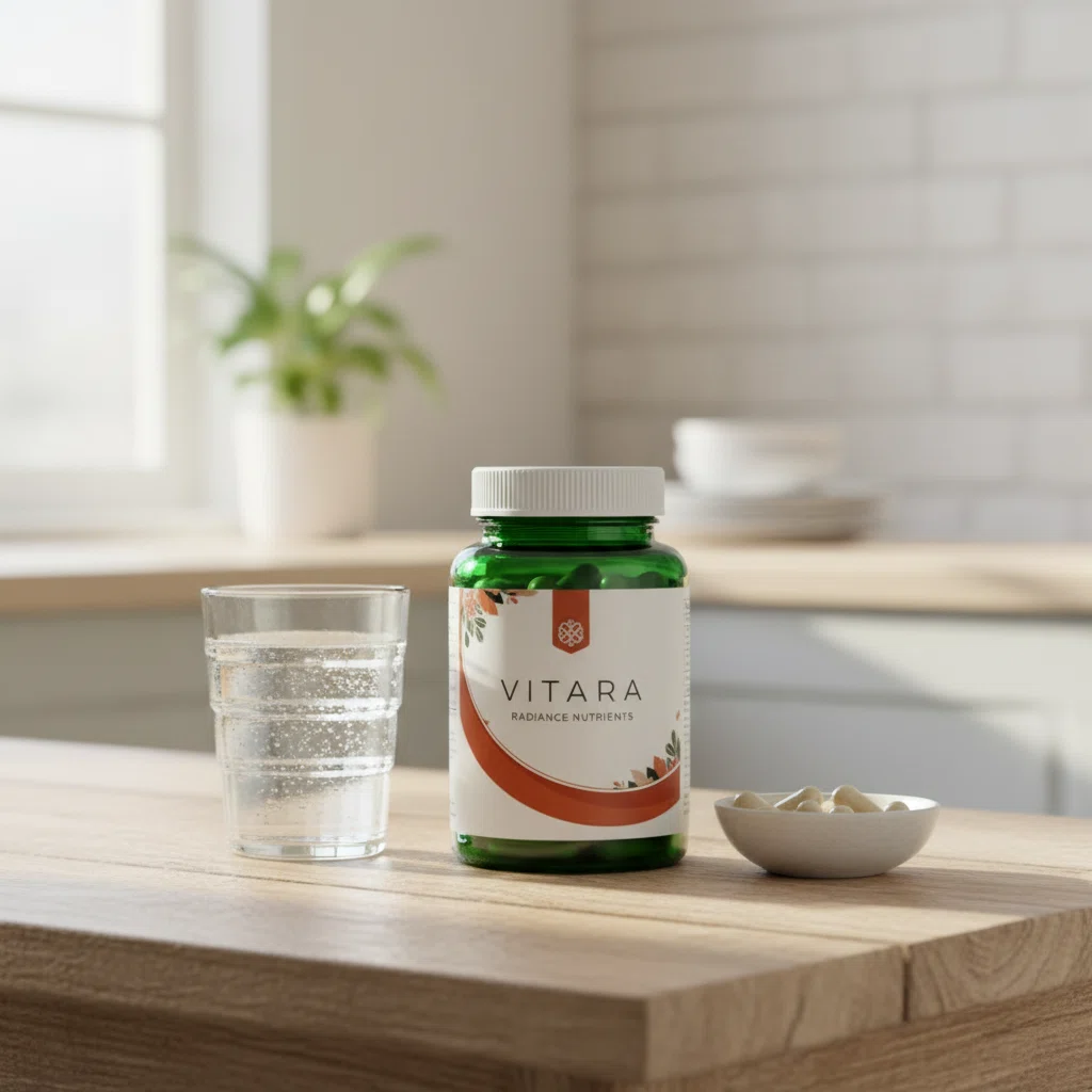 Vitara Radiance Nutrients -purkki keittiöpöydällä vesilasin vieressä aamuvalaistuksessa